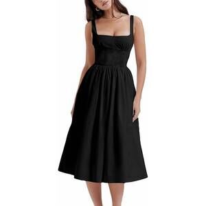 NEW SWEETKAMA square neck ruched bust midi dress in black
